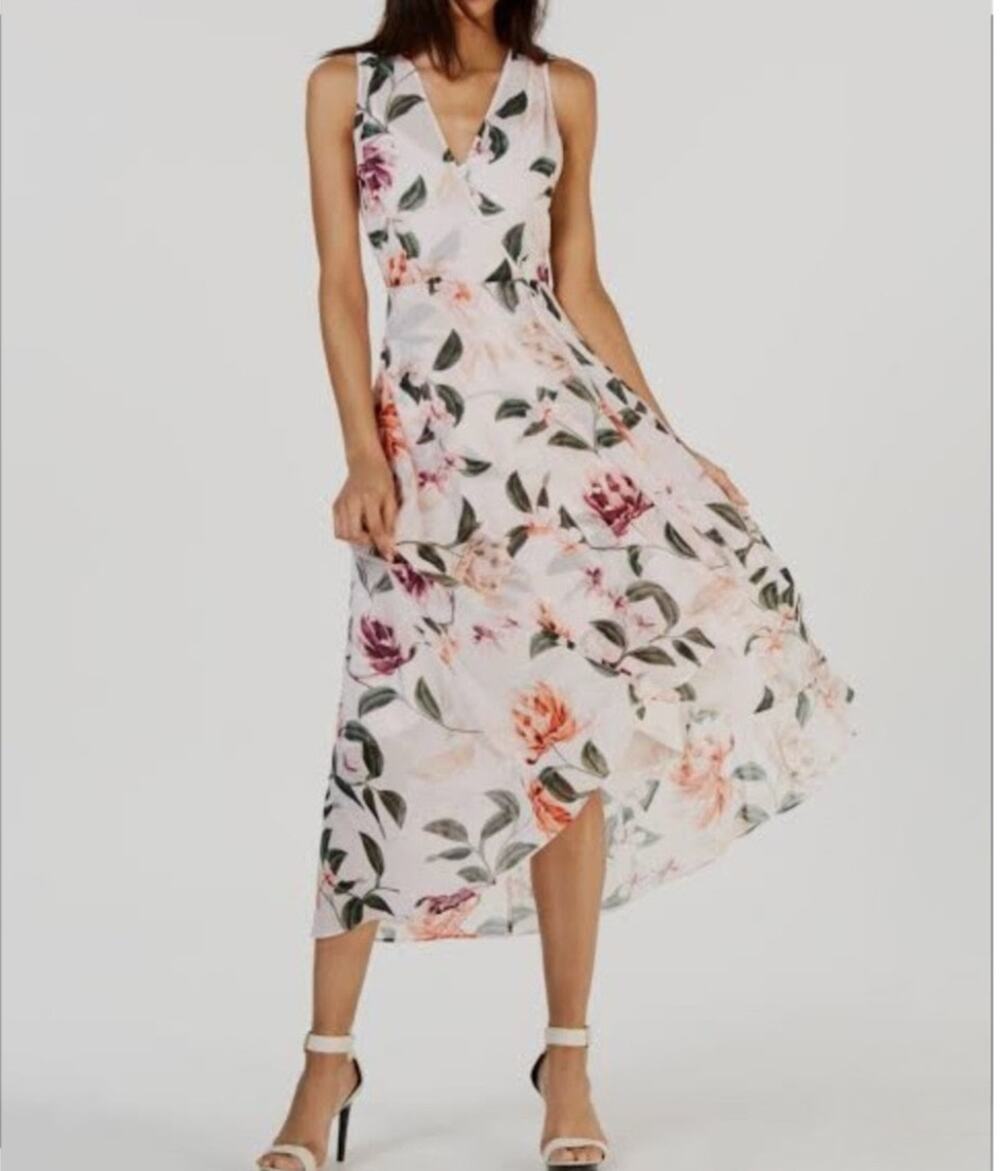 Calvin Klein Sheer Chiffon Overlay Midi Dress Surplice Bodice Womens 12